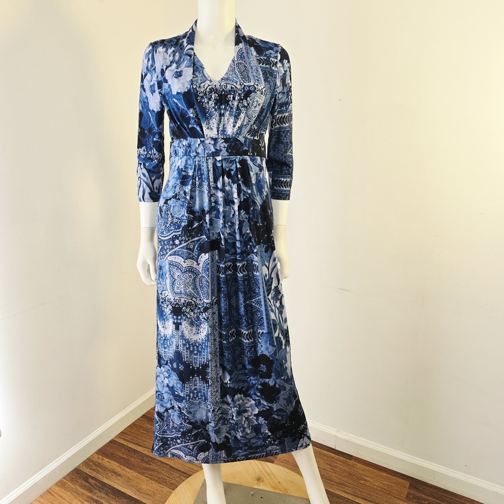 Chicos Faux Patchwork Dress Midi Size 00 2 XS Floral Paisley Stretch Pockets